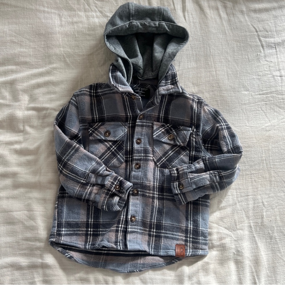 Little Bipsy Gray and Blue Plaid Hooded Shirt